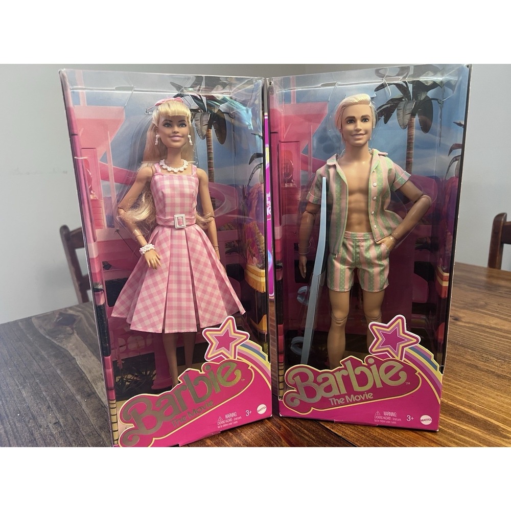 2022 Ken (beach) & Barbie (pink plaid), BARBIE THE MOVIE dolls, Mattel NEW, NRFB